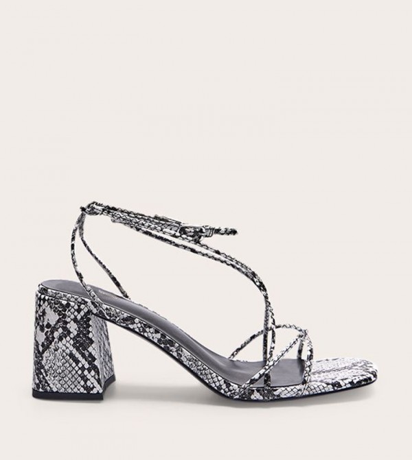 Snake PU Round Toe Strappy Block Heel Sandals