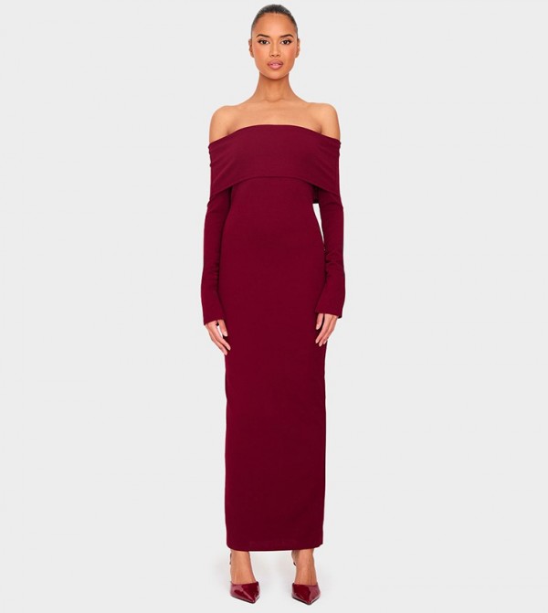 Crepe Long Sleeves Bardot Maxi Dress