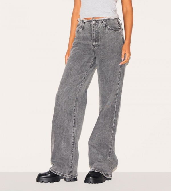 Tall Washed Fray Waist Low Rise Straight Fit Jeans