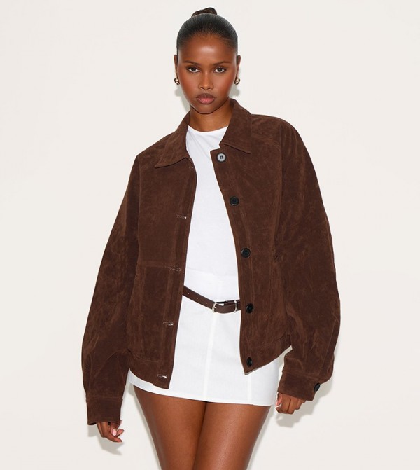Zip-Through Oversized Faux Suede Jacket