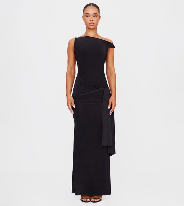 Slinky Off Shoulder Wrap Detail Maxi Dress