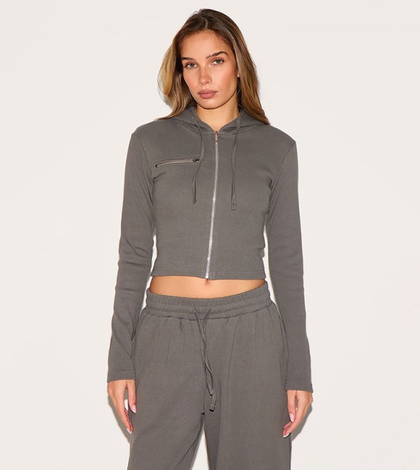 Zip Up Ribbed Hooded Active Top