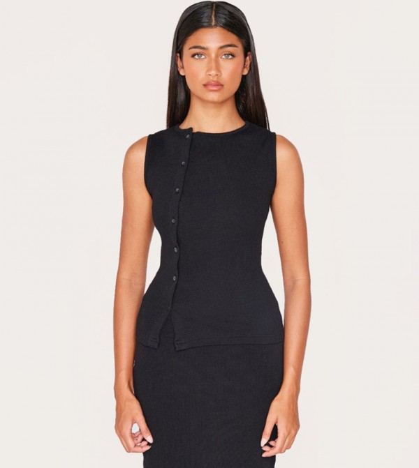 Ribbed Detail Asymmetric Button Detail Vest Top