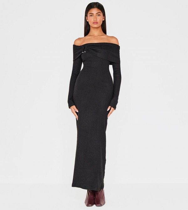 Heavy Brushed Ribbed Bardot Trim Maxi Dress