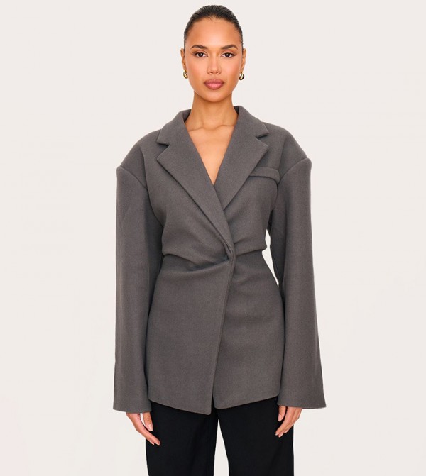 Wool Look Cinched Long Sleeves Blazer
