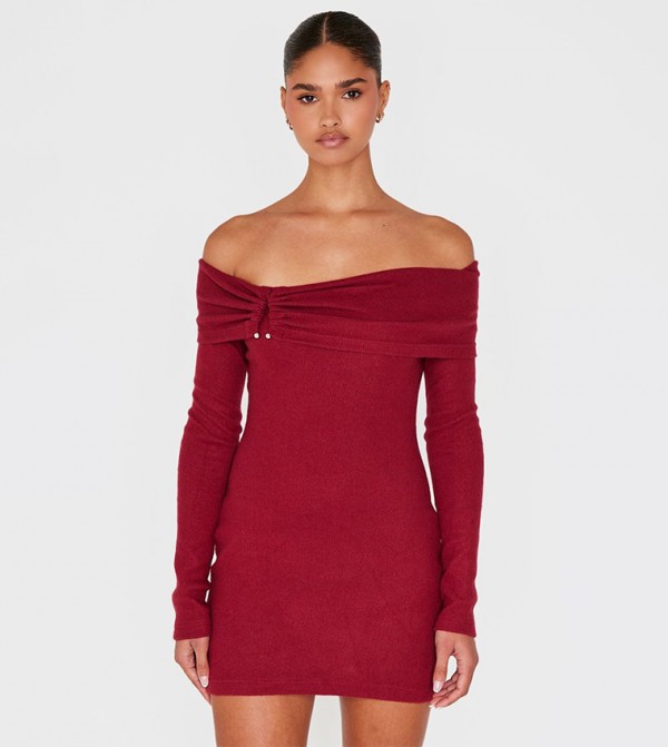 Heavy Brushed Ribbed Bardot Trim Mini Dress