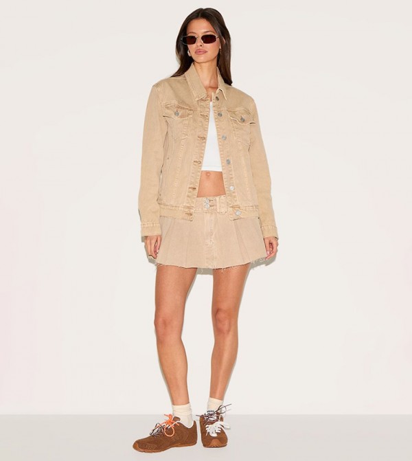 Washed Corduroy Denim Mid Rise Pleated Mini Skirt
