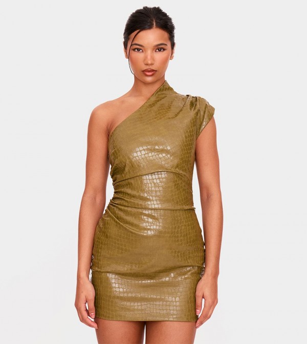 Croc Faux Leather Asymmetric Shoulder Bodycon Dress
