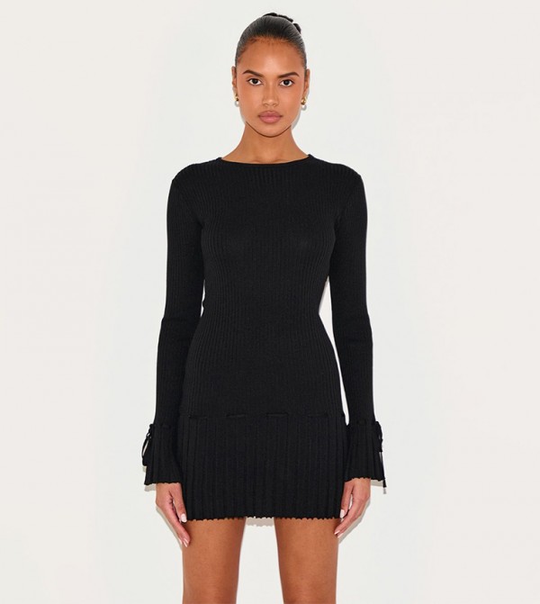 Ribbed Knit Pleated Tie Detail Long Sleeves Mini Dress