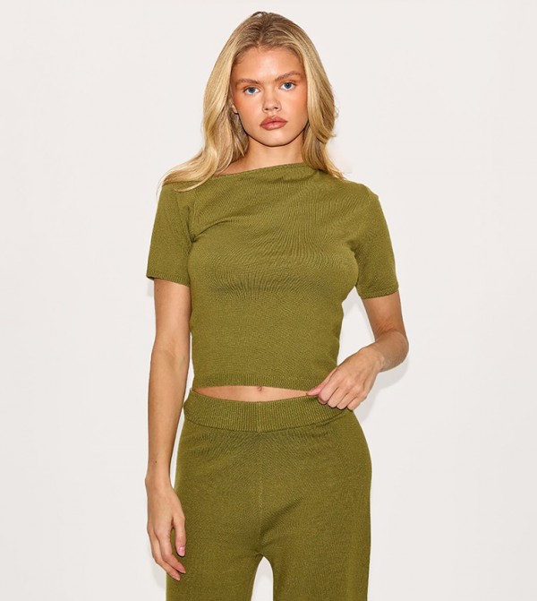 Knit Asymmetric Neckline Crop Top