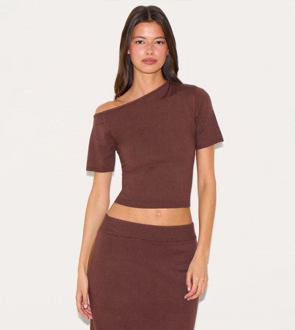 Knit Asymmetric Neck Crop Top