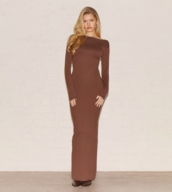Knit Asymmetric Neckline Long Sleeves Maxi Dress