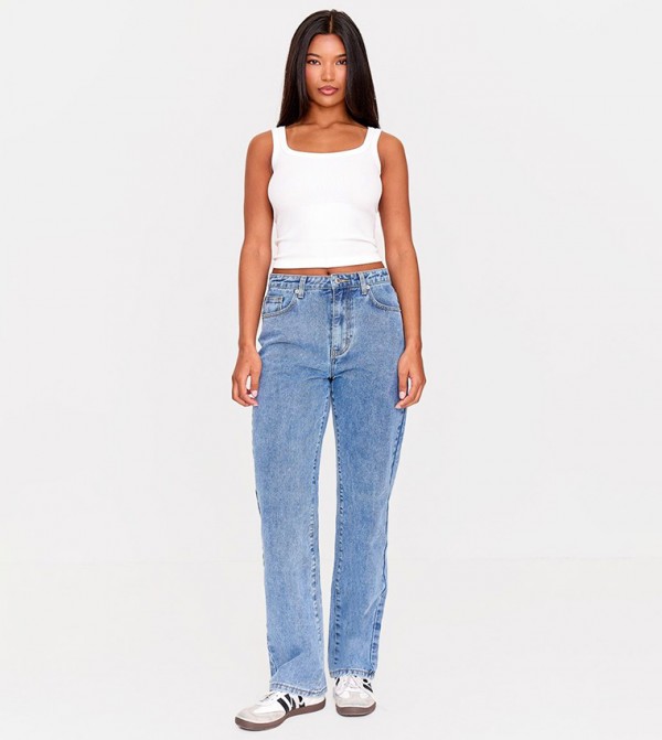 Washed High Waist Straight Fit Jeans