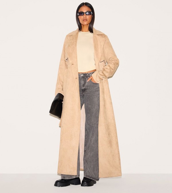Tall Faux Suede Belted Maxi Trench Coat