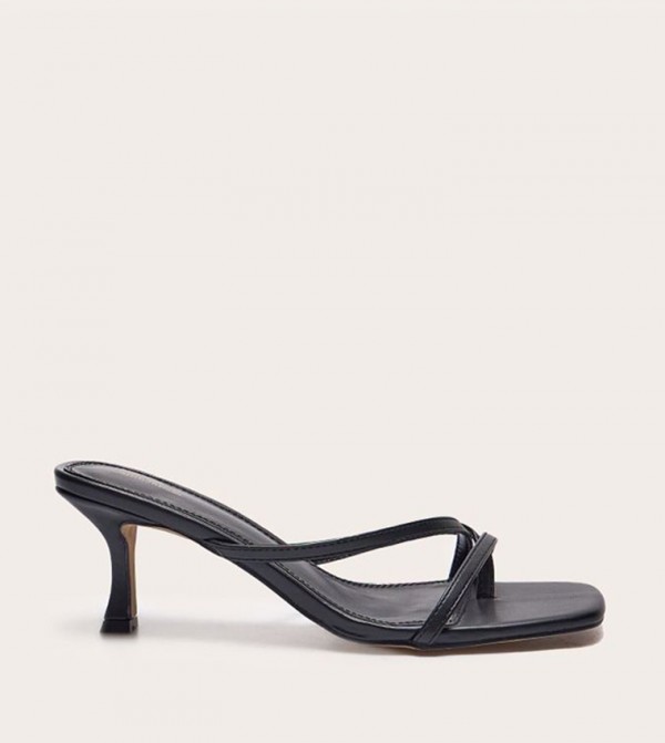 PU Square Toe Strappy Toe Thong Heel Sandals