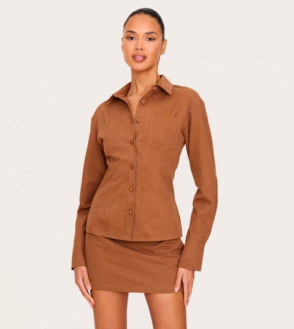 Twill Button Up Cinched Waist Shirt