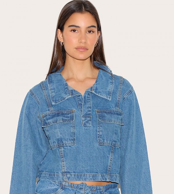 Long Sleeves Denim Rugby Crop Shirt