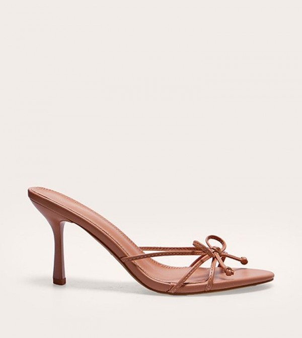 PU Round Toe Bow Detail Heel Sandals