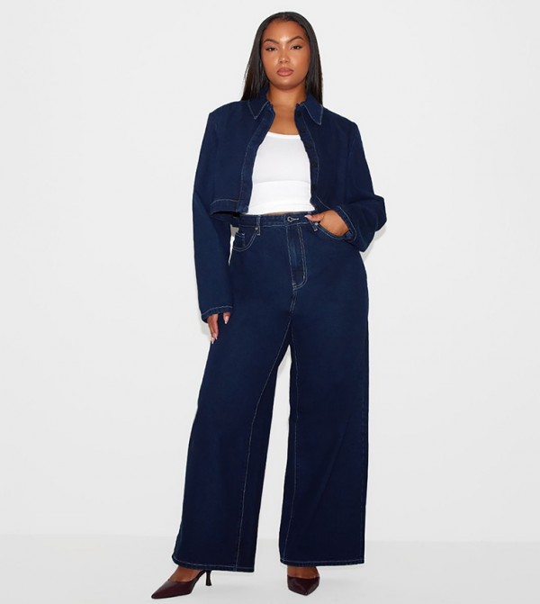 Curve Contrast Stitch Wide Leg Jeans