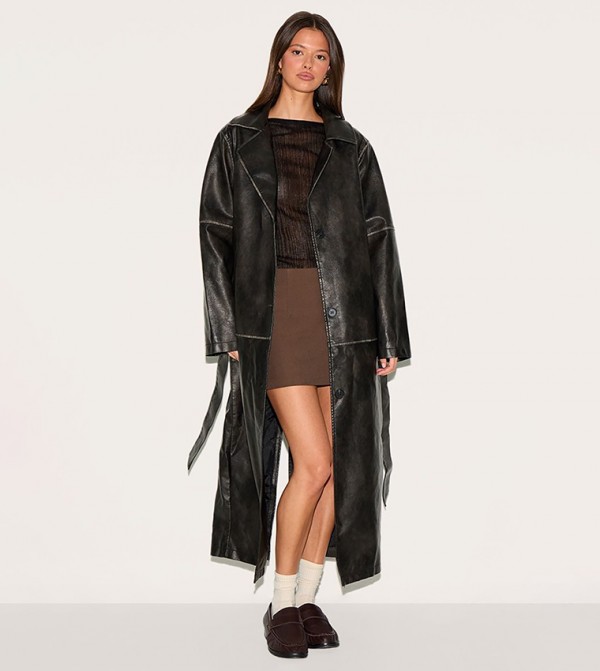 Distressed Faux Leather Seam Detail Trench Coat
