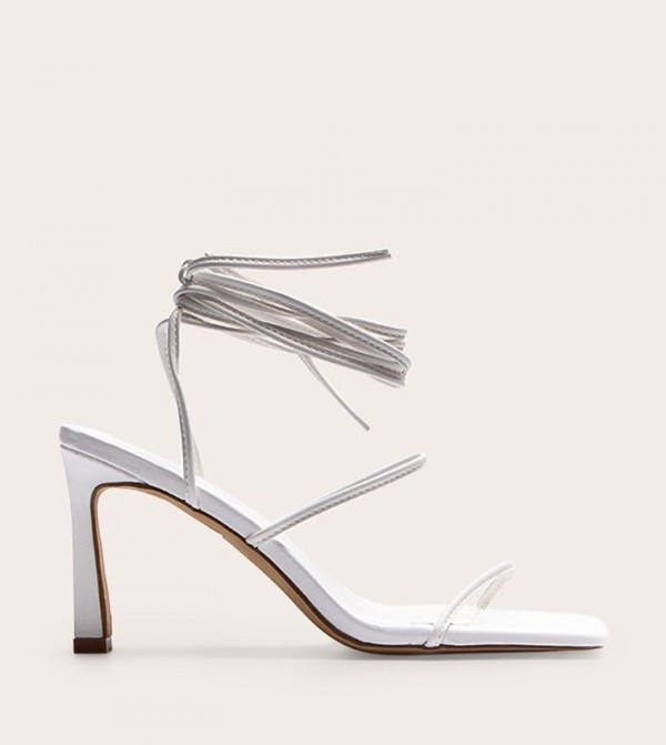 Square Toe Strappy Lace Up Stiletto Heeled Sandals
