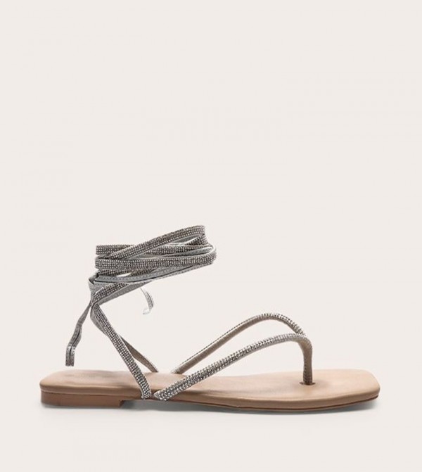 Silver PU Round Toe Diamante Strappy Flat Sandals