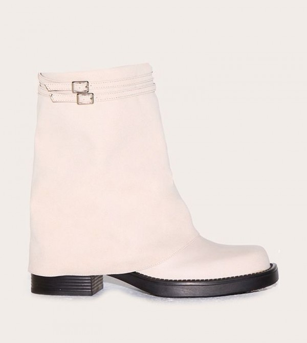 Faux Suede Round Toe Fold Over Buckle Strap Ankle Boots