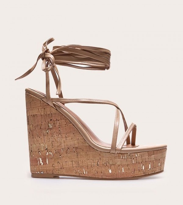 PU Strappy Lace Up Cork Wedge Sandals