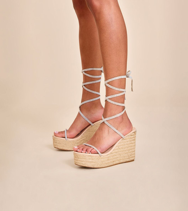 Buy PrettyLittleThing PU Round Toe Diamante Strappy Wedge Sandals