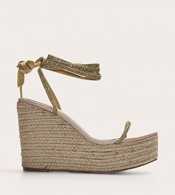 PU Round Toe Diamante Strappy Wedge Sandals