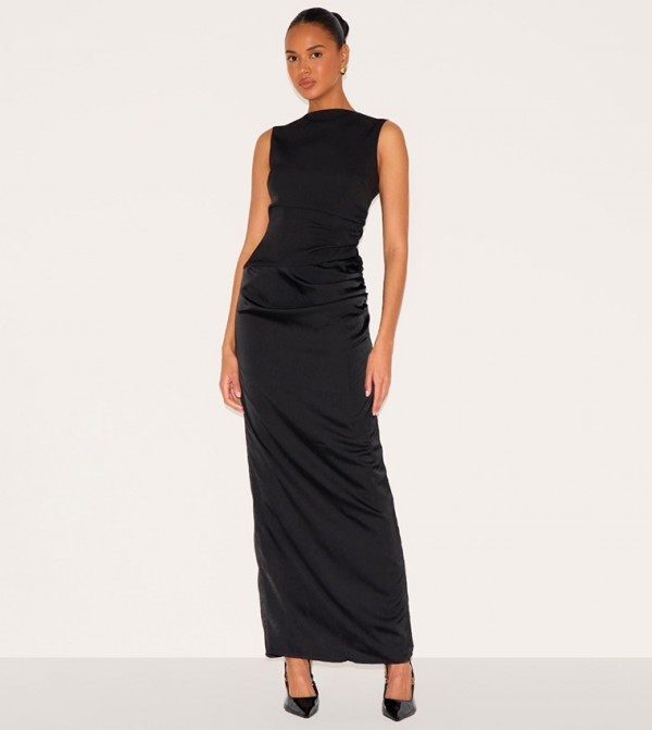 Woven High Neck Ruched Drape Maxi Dress