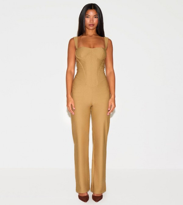 Woven Corset Binding Strappy Straight Leg Jumpsuit