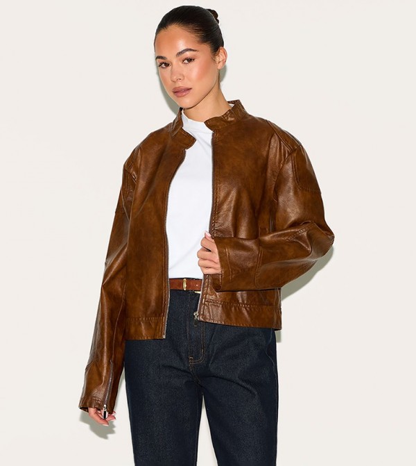 Faux Leather Washed Boxy Biker Jacket