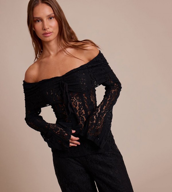 Fitted Lace Flared Sleeves Off Shoulder Top