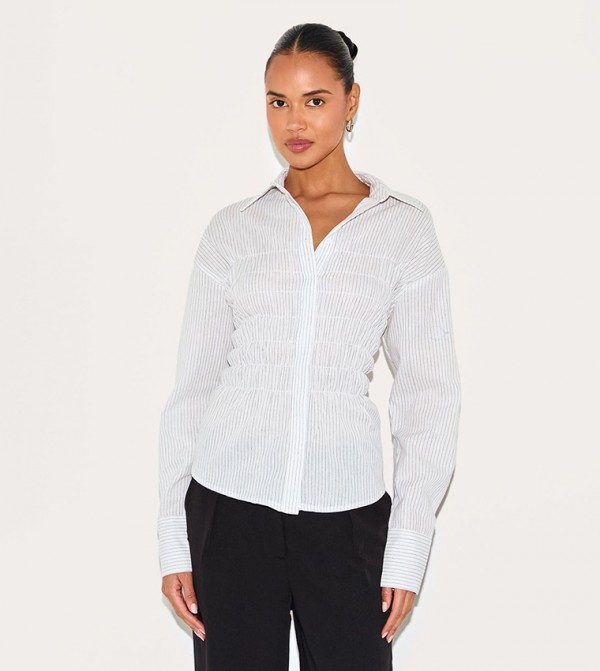 Shirred Striped Fitted Shirt