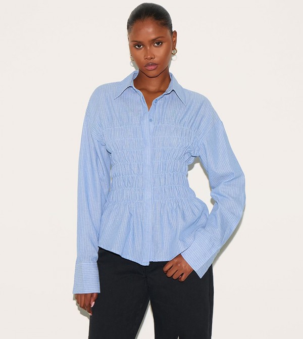 Shirred Striped Fitted Shirt