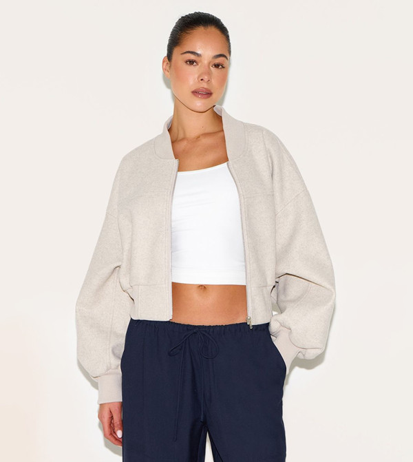 Ruched Sleeves Cropped Bomber Jacket