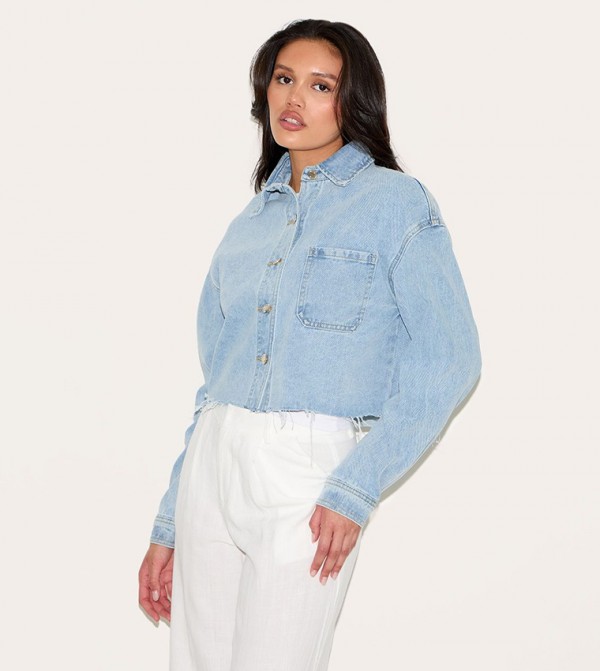 Wash Raw Hem Cropped Denim Shirt