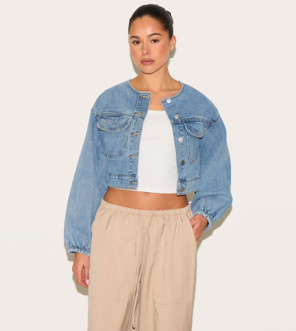 Washed Round Neck Crop Denim Jacket