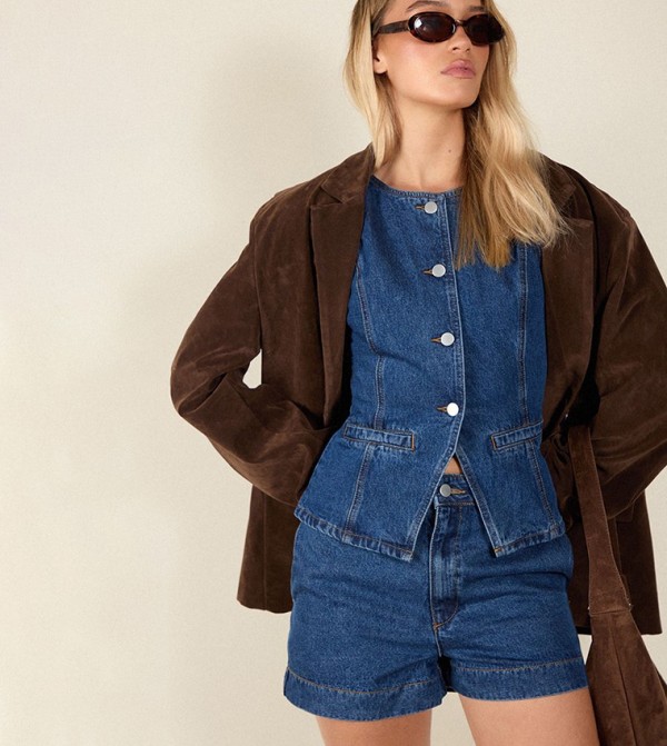 Washed Round Neck Denim Waistcoat