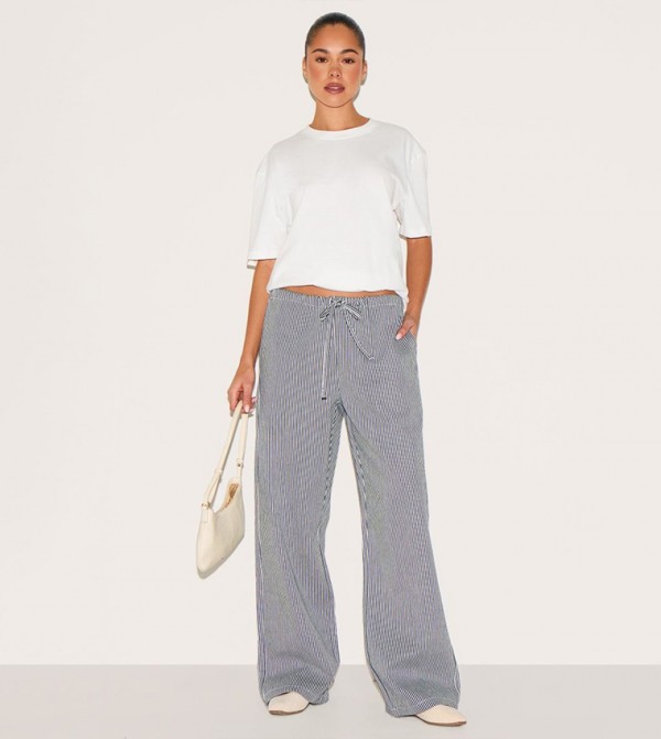 Striped Mid Rise Tie Waist Wide Leg Jeans