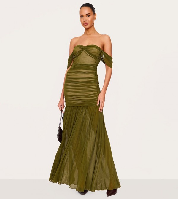 Mesh Bardot Ruched Detail Maxi Dress