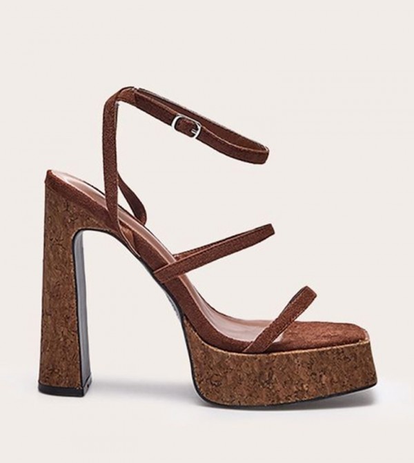 Faux Suede Square Toe Platform Cork Heeled Sandals