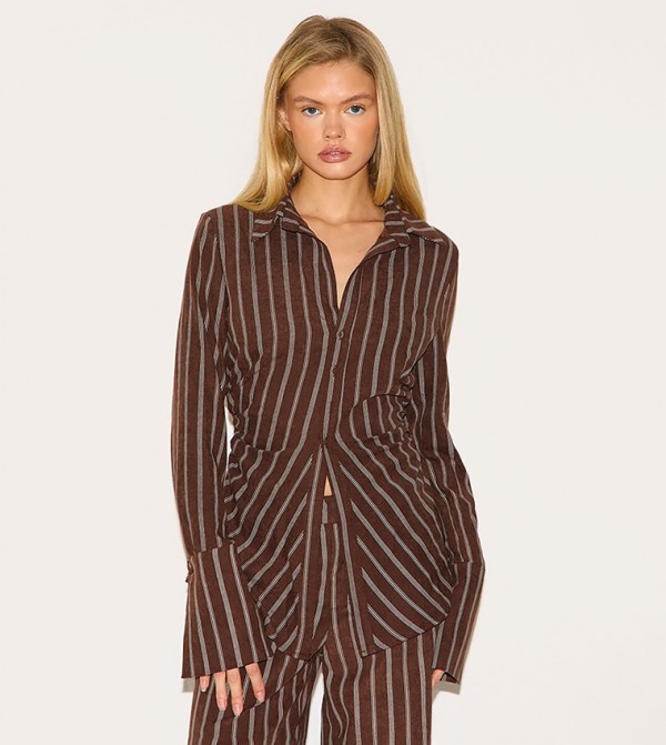 Striped Asymmetric Cinched Deep Cuff Shirt