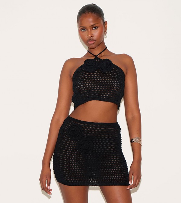 Tie Neck Flower Applique Crop Top