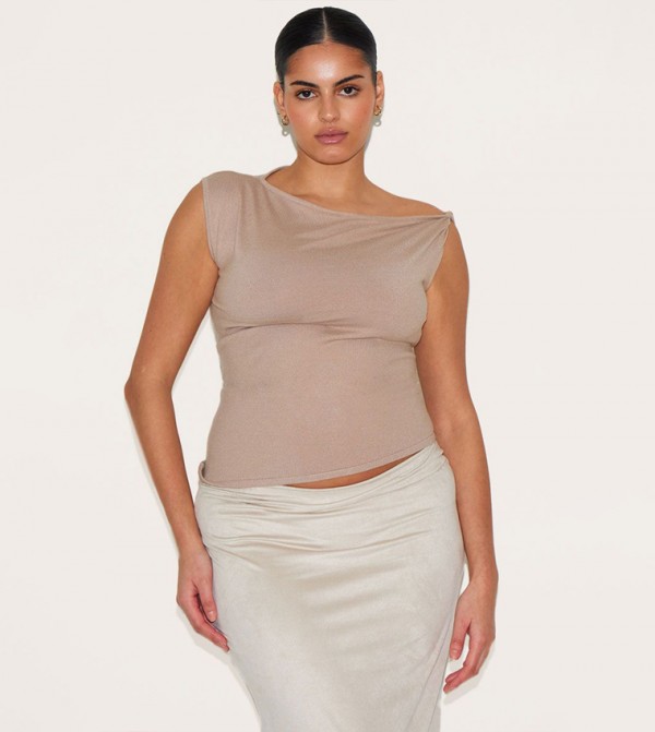 Curve Knit Asymmetric Twist Sleeves Crop Top