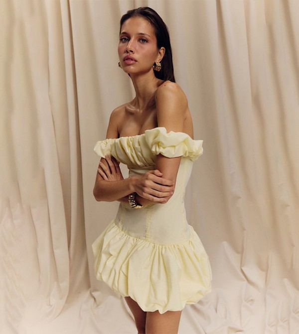 Ruched Bardot Puff Hem Bodycon Dress