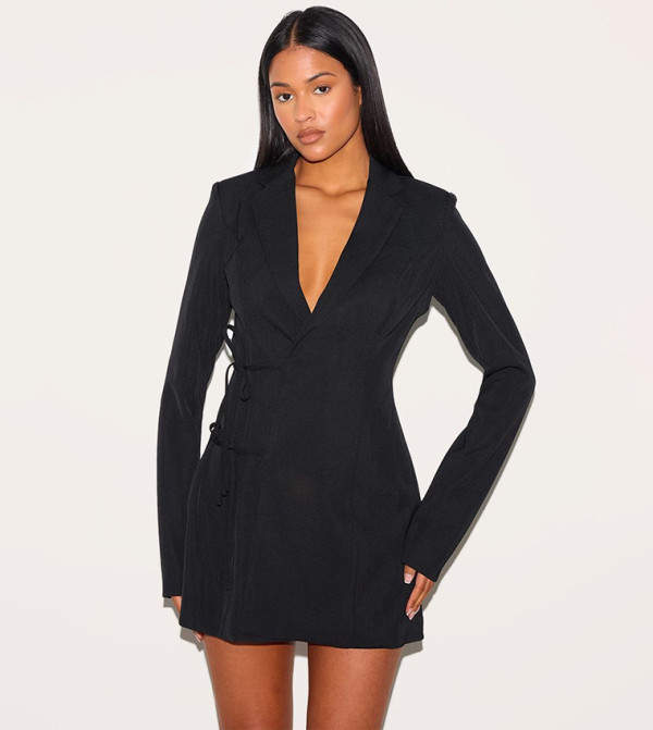 Tall Tie Front Detail Cinched Mini Blazer Dress