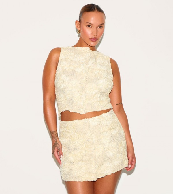 Curve Floral Boucle Button Up Crop Waistcoat