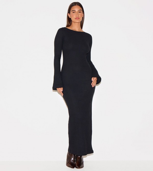 Heavy Brushed Rib Flared Sleeve Maxi Dress
